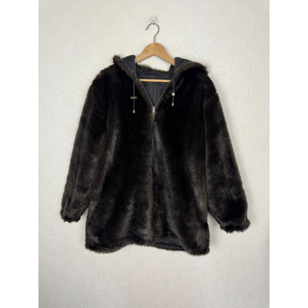 Vintage Salon Studio Haband Reversible Faux Fur Parka Hooded Coat Brown Large